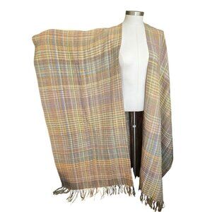 Laise Adzer Handwoven Plaid Cape Shawl Pastel Tan Multicolor Ribbon CM2057